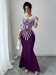 Modelyn فستان نسائي قصير الأكمام مطبوع رقميًا