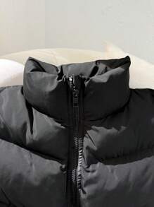 SHEIN Tween Girls Black Short Stand Collar Zipper Front Padded Coat, Casual Fashion Street Style Kids Vest Black Puffer Vest Kids Black Vest Girls Vest,In Fall/Winter