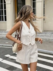 Serisse Women's Striped Single-Breasted Vest And Shorts Suit Set,Women Casual Sleeveless Short Waistcoat And Shorts Suit Set,Spring/Summer, Suitable For Daily Wear, Simple Fashion Casual Everyday Cami Tank Top And Utility Pocket Shorts Suit Set,Crepe De Chine Textured Micro Stretch Fabric,Elegant And Fashionable For Commuting,French Holiday Outfits