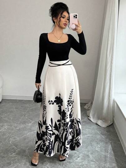 Rafferiza Vestido de manga larga con cuello redondo, estampado floral y patchwork elegante para mujer - Ropa de otoño A E