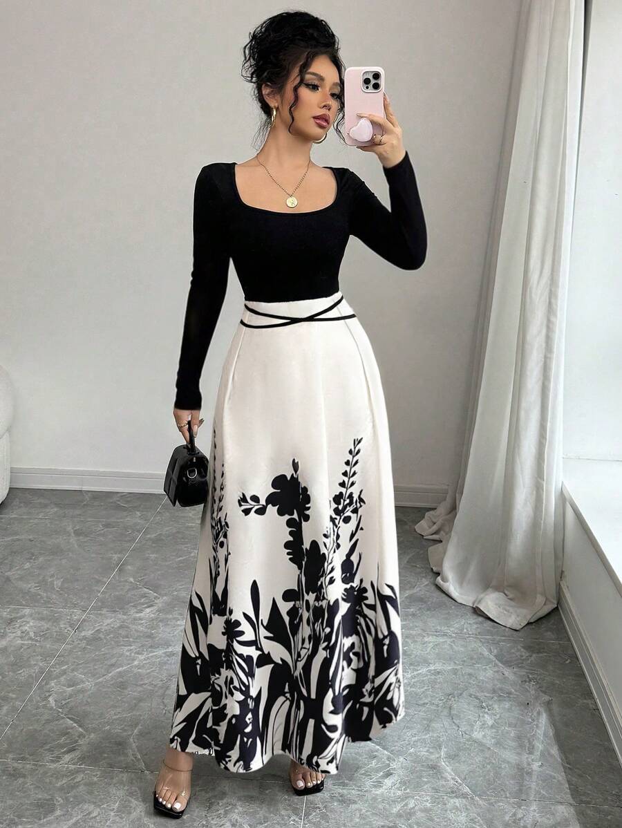 Rafferiza Elegant Floral Print Patchwork Round Neck Long Sleeve Dress For Women - A E Fall Cloth - Black and White - View 1