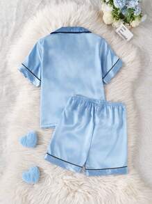 Bộ đồ ngủ 2 món/bộ áo ngắn tay in hình trái tim dễ thương cho bé gái tuổi mới lớn và quần short - Màu xanh lam - Xem 2