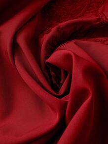 Plus Size Women 3/4 Sleeve V-Neck Half Front Button Down Embroidery Collar Woven Shirt - Red - View 4