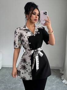 Elenzga 女式不对称撞色印花束腰衬衫 - 彩色 - 查看 4