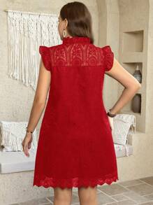 SHEIN LUNE 白色春夏花卉3D蕾丝圆领盖袖优雅浪漫女士连衣裙 - 紅色 - 查看 2