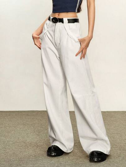 Rina Fox Quần Jeans Ống Rộng Đơn Giản Màu Trơn Phong Cách Đường Phố Cho Nữ Không Có Thắt Lưng