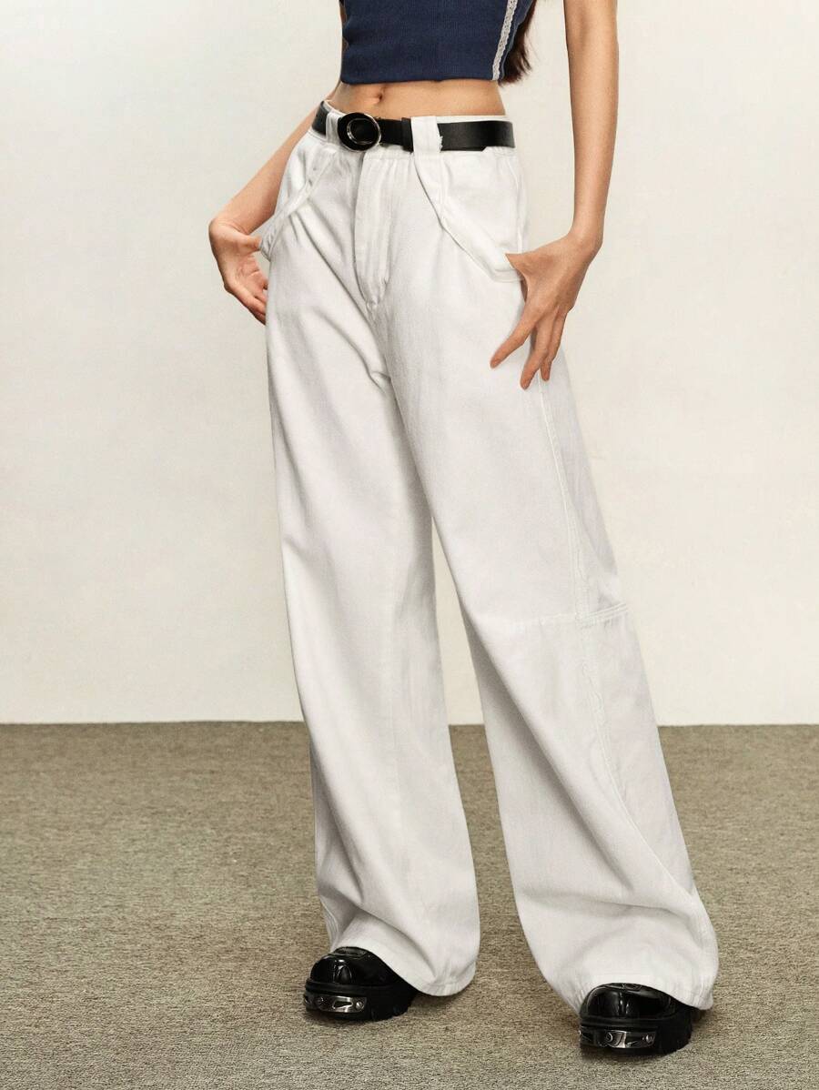 Rina Fox Pantalones vaqueros anchos informales y sueltos de color liso sin cinturón para mujer - Blanco - Ver 1