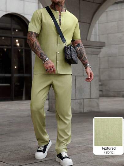 Manfinity CasualCool 男士休闲独特领型，斜纹面料，短袖亚麻衬衫和裤子套装 2 件套男士服装 2 件套男士 2 件套服装街头中东立领衬衫旅行，日常服装户外