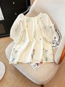 GlowEve CURVE 大码夏季休闲花卉刺绣短袖衬衫 - 白色 - 查看 2