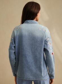 Women's Casual Denim Shirt Blue Long Sleeve Collared Button-Down With Floral Embroidery And Pocket Detail - Blue - View 2