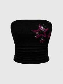 ROMWE Grunge Punk Top corto con decoración de strass de estrella en gris y negro para mujer sin tirantes