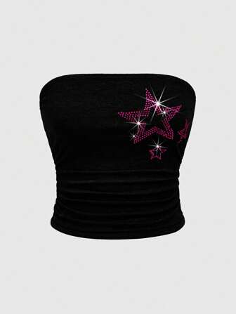 Grunge Punk Strapless Grey & Black Star Rhinestone Decor Women Crop Top