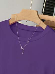 INAWLY 女士纯色休闲百搭圆领短袖T恤，夏季 - 紫色 - 查看 5