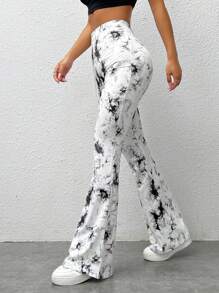 SHEIN EZwear Lässige Schlaghose Für Damen Große Größen Mit Batikmuster Und Tintenspritzer-muster In Schwarz Und Weiß, Geeignet Für Den Sommer