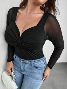 SHEIN Privé Camiseta girante delantero de malla en contraste - Negro - Ver 6