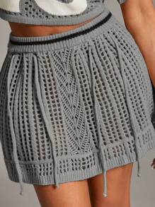 SHEIN SXY 2pcs/Set Regular Women Digital Print Short Sleeve Hollow Out Knitted Blouse And Mini Skirt Casual Outfit - Grey - View 5