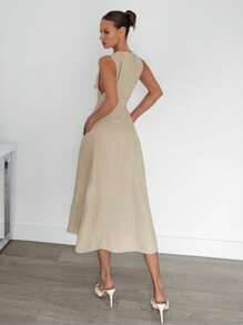 Siren Gaze 女式深 V 领系腰中长连衣裙，纯色 - 杏色 - 查看 2