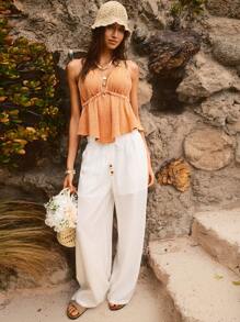 TrendSteals Vintage Bohemian Vacation Orange Ruffled Hem Casual Tank Top For Women Cotton Backless Tie Fall Clothes - Orange - View 8