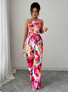 Elenzga Women's Elegant Spaghetti Strap Draped Tied Waist Sleeveless Floral Jumpsuit