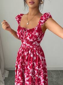 Elenzga Robe maxi bohème d'été pour femmes, blanche à fleurs, élégante, encolure carrée, taille froncée et cintrée, nœud devant, manches bouffantes, jupe à volants, pour vacances et tea party - Multicolore - Voir 8