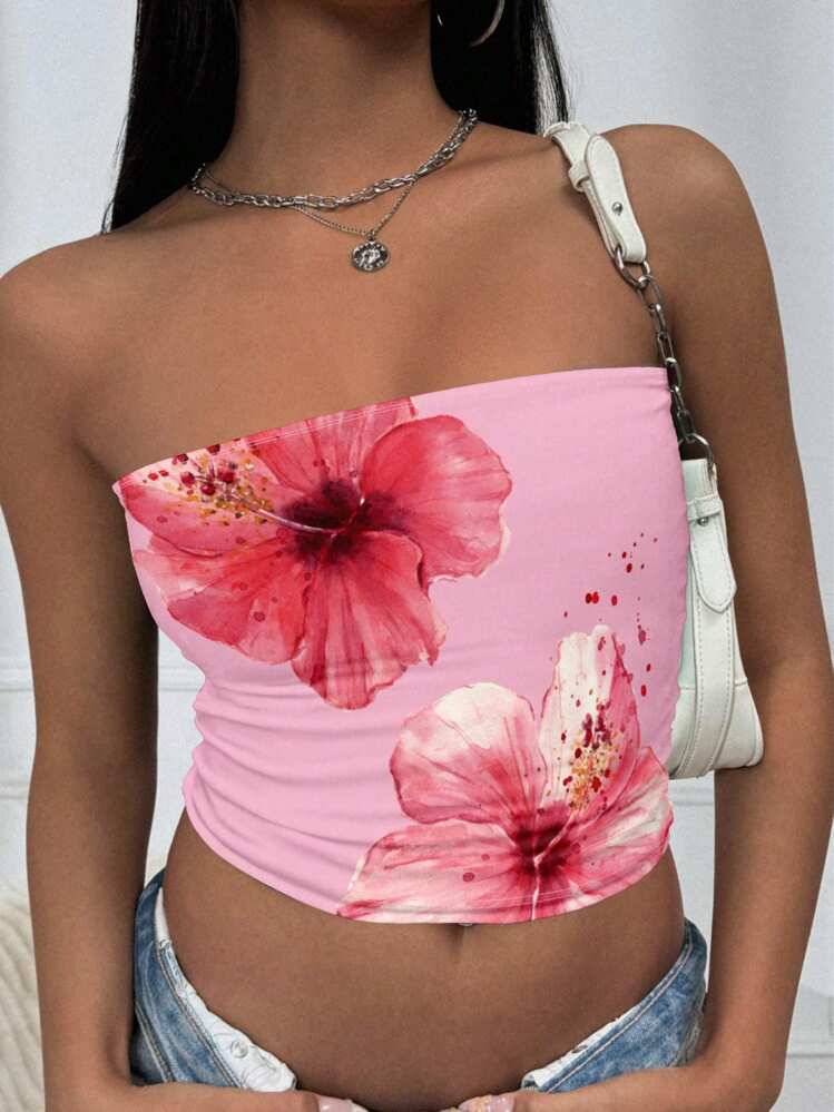 ハイビスカス花柄ピンク y2k キャミソール ハイビスカス花柄