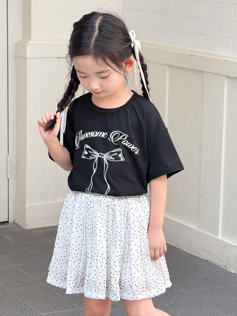 2件套年轻女孩夏季短袖英文文字蝴蝶结图案T恤+波点A字裙套装 - 黑色 - 查看 1