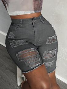 Slaydiva Quần short denim túi rách thường ngày cho nữ - Màu xám đen - Xem 4