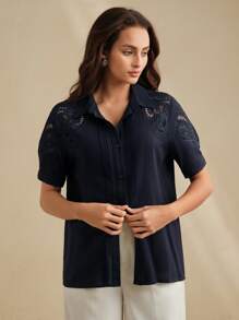 Anewsta 优雅通勤女士亚麻编织镂空刺绣条纹翻领短袖衬衫，春夏