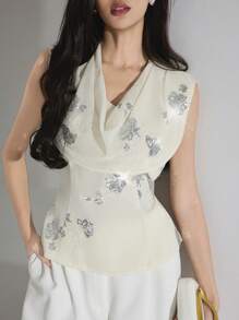 Heiryn Bluză elegantă de vară pentru femei, cu guler înalt, fără mâneci, cu decor de paiete