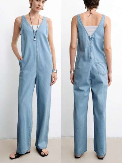 Aalyst 女式夏季休闲水洗无袖牛仔连体裤