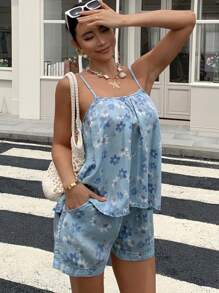 DAZY 两件套女士印花吊带背心和短裤套装，休闲度假风牛仔套装，夏季波西米亚风 - 淺色水洗藍 - 查看 4