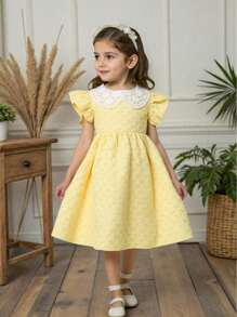 Souflis Souflis 女孩优雅甜美可爱提花面料刺绣彼得潘领盖袖束腰公主裙，适合度假、旅行、生日派对、礼物 - 夏季 - 黃色 - 查看 8