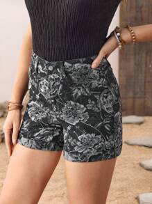 EMERY ROSE 女士夏季休闲全花卉印花牛仔短裤 - 黑色 - 查看 3