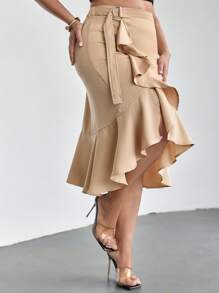 SHEIN Privé Falda A-line asimétrica con volantes en el bajo, talla grande, en color caqui - Caqui - Ver 6