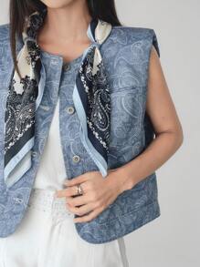 Dazy-Less Women's 2 Pieces Set: Loose Fit Plant Ditsy Floral Jacket With Scarf Decor, Casual/Business Commuter Elegant Office Wear, Spring, Summer, Autumn - Blue - View 4