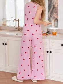 SHEIN 泡泡雪纺粉色条纹心形印花背心上衣和裤子女士睡衣套装粉色睡衣 - 彩色 - 查看 2