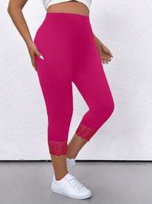 SHEIN Plus Size Solid Color Minimalist Leggings, Everyday Wear - Hot Pink - View 6