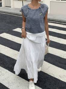 Livesso 女士牛仔系带毛衣短袖圆领衬衫，返校服装 - 藍色 - 查看 4