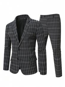 Manfinity Mode Plaid Plus Size Men 2pcs Suit Set: Jacket And Pants - Black and White - View 2
