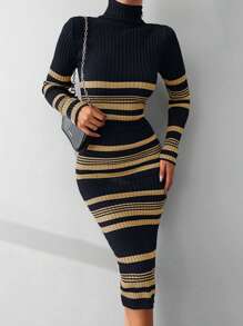 EURMUSE Striped Pattern Turtleneck Sweater Dress - Multicolor - View 3