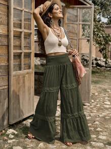 LanaWest Western Rustic Women's High Waist Wide Leg Pants With Textured Fabric & Ruffle Trim Fall Cloth For Women - Army Green - View 3
