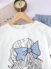 SHEIN 女宝宝两件套休闲插肩圆领卡通图案T恤和裤子套装 - 藍色 - 查看 4