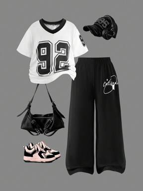 SHEIN 2pcs Girls Summer Casual V-Neck Short Sleeve T-Shirt And Loose Comfy Pants Set, White Tee And Black Pants, School, Campus, College