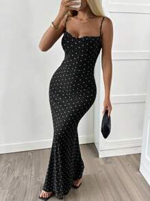 SHEIN EZwear Váy không tay in chấm bi đen cho nữ - Đen và trắng - Xem 5