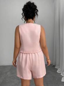 Elenzga 2pcs Women Plus Size Fashion Woven Summer Pink Sophisticated Lady Suit Vest And Shorts Set - Pink - View 2