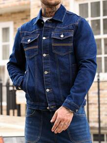 Manfinity Homme Men Street Wear American Casual Military Style Long Sleeve Single Breasted Pocket Casual Denim Jacket, Fall - Dark Wash - View 4