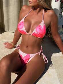 Swim SXY Beach Summer Outfits For Women,Multi-Color Special Fabric Placement Floral Print Sexy Tied Front Halter Triangle Top & Bottoms Bikini Swimsuit Set - Multicolor - View 3