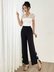 Modelyn Quần ống rộng xếp ly trang trí nơ cho nữ thanh lịch - màu đen - Xem 4