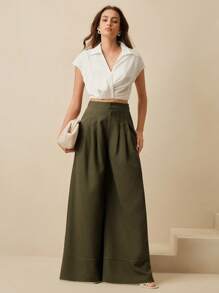 Anewsta 新款宽松飘逸阔腿裤，轻盈夏季 - 綠色 - 查看 6