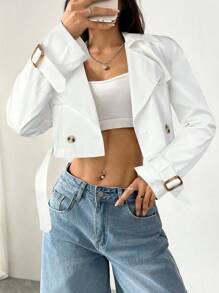 SHEIN EZwear 女式白色缺口领前扣长袖短款风衣（秋冬款） - 白色 - 查看 4